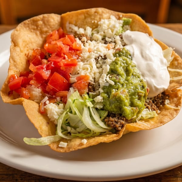 Taco salad in a crispy tortilla bowl with ground beef, lettuce, tomatoes, cheese, guacamole, and sour cream.