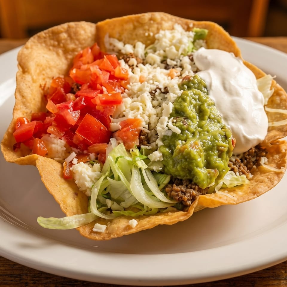 Taco salad in a crispy tortilla bowl with ground beef, lettuce, tomatoes, cheese, guacamole, and sour cream.