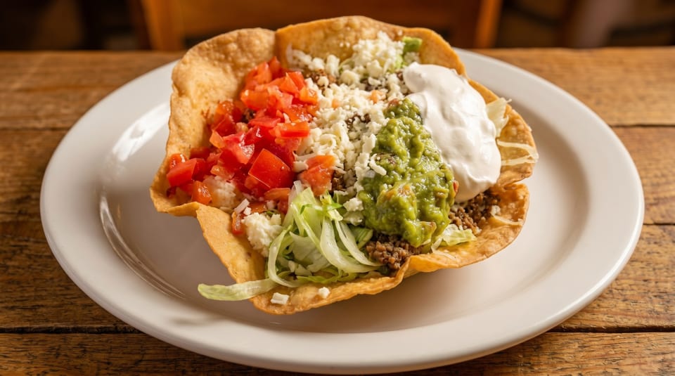 Taco salad in a crispy tortilla bowl with ground beef, lettuce, tomatoes, cheese, guacamole, and sour cream.