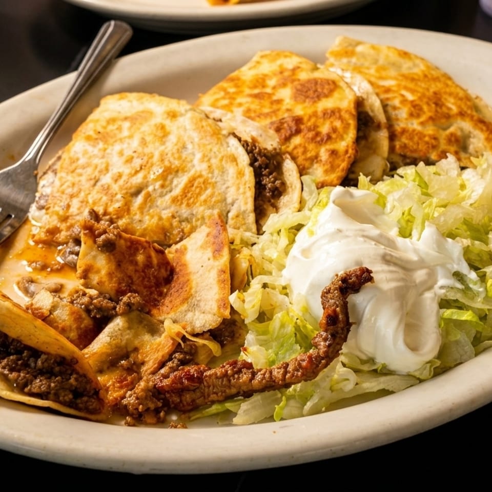 A plate of beef quesadillas and tacos with shredded lettuce and a dollop of sour cream.