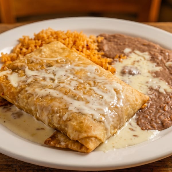 A golden-brown chimichanga covered in white cheese sauce, served with rice and refried beans.