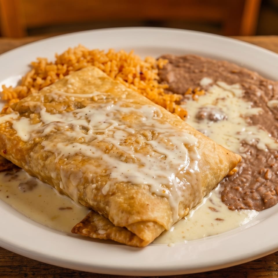 A golden-brown chimichanga covered in white cheese sauce, served with rice and refried beans.