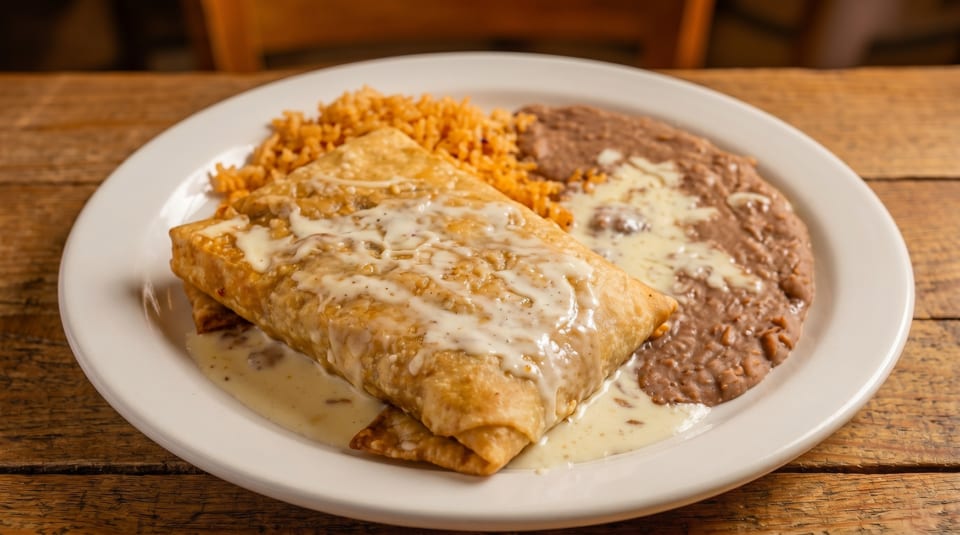 A golden-brown chimichanga covered in white cheese sauce, served with rice and refried beans.