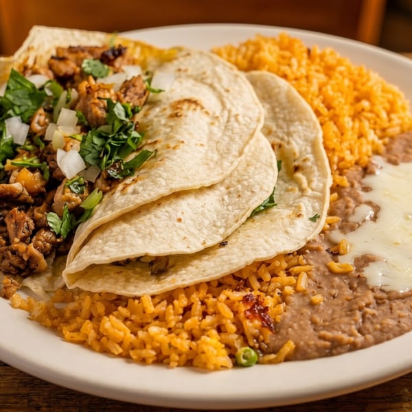 A plate of three tacos with meat, onions, and cilantro, alongside rice and refried beans with melted cheese.