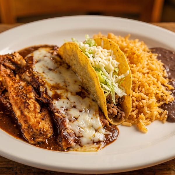 A white plate with chicken enchiladas, a taco, rice, and refried beans on a wooden table.