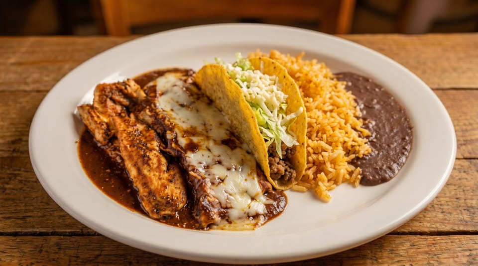 A white plate with chicken enchiladas, a taco, rice, and refried beans on a wooden table.