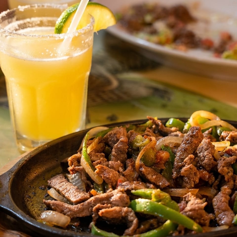 Sizzling beef fajitas with green peppers and onions, next to a margarita with a lime.
