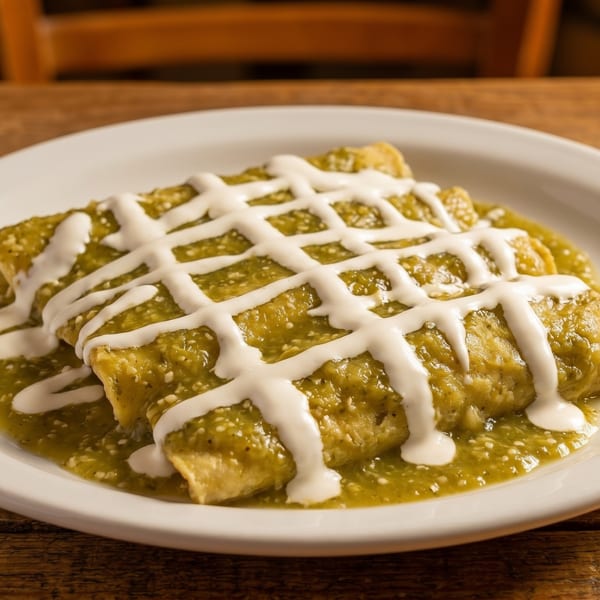 Three green enchiladas covered in a creamy white sauce, served on a white plate on a wooden table.