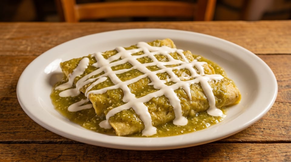 Three green enchiladas covered in a creamy white sauce, served on a white plate on a wooden table.